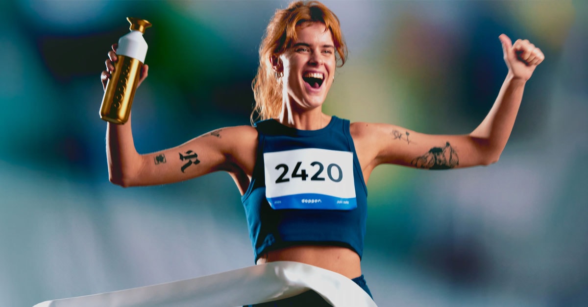 Woman crossing finish line holding a golden Dopper Steel in her right hand